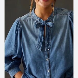 Pilcro Anthropologie Top Women XS Tie Front Neck Denim Button Fray Hem
